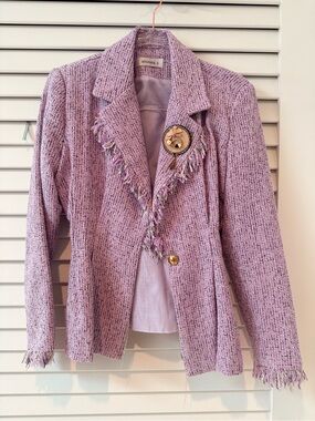 Storets Lavender Tweed Fringe Belted Blazer Jacket Small